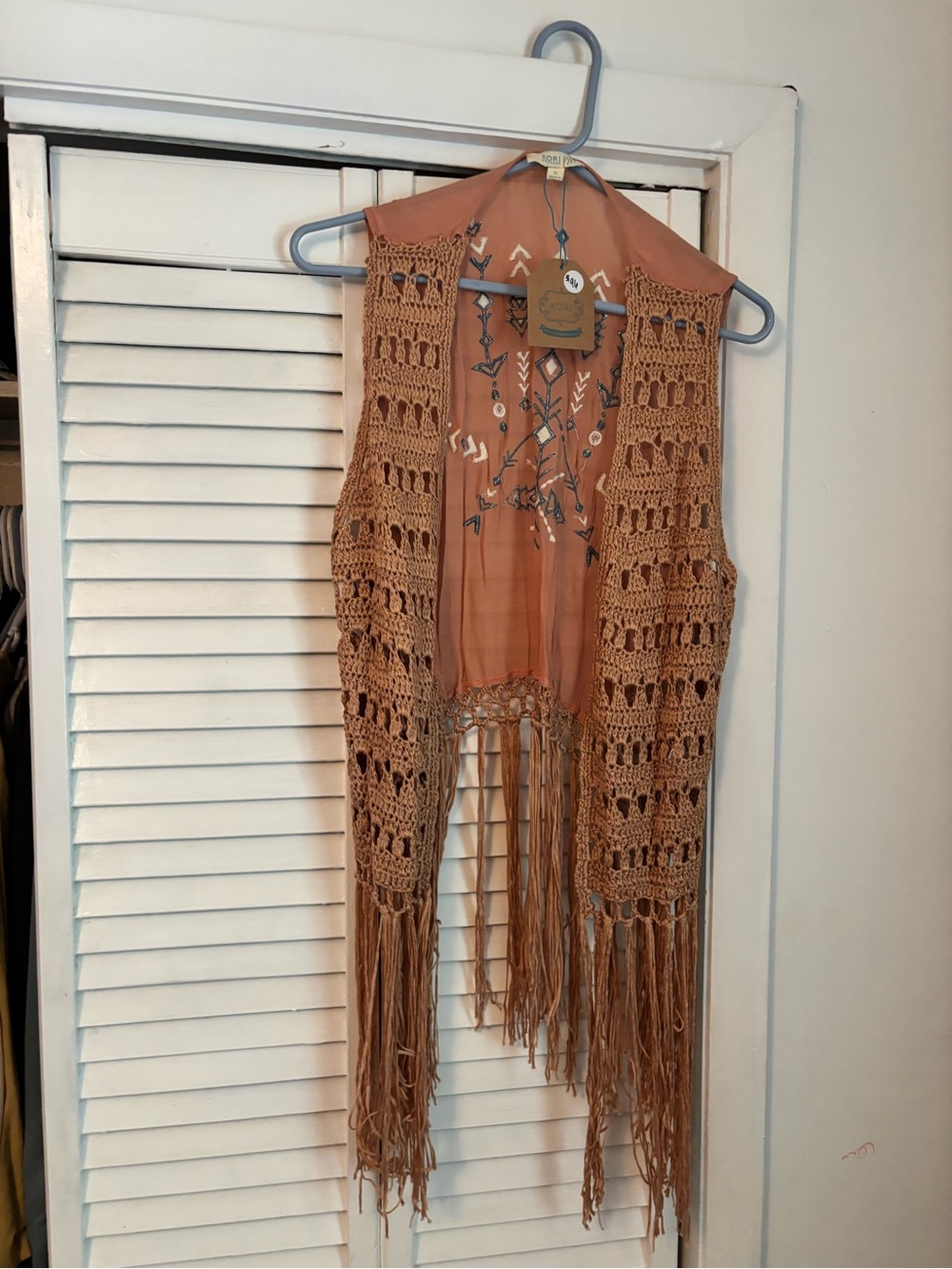 Kori Crochet Fringe Vest in Rust Brown